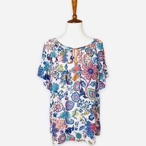 🍀 MILLY womens multicolor floral short sleeve boat neck sheer blouse top size XL
